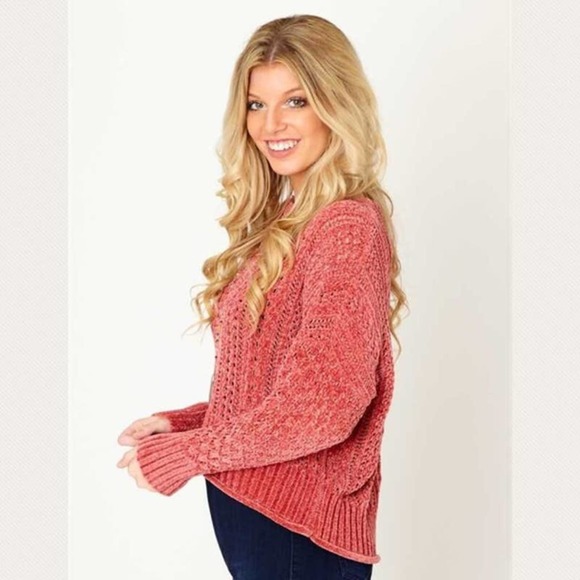 SOLD LIVE Chenille Sweater NEW Rose Pink Semi Crop Sweater - Picture 2 of 5